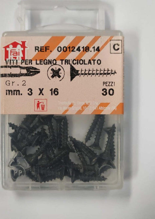 ORECA---30-VITI-PER-LEGNO-TRUCIOLATO-TESTA-PIANA-SVASATA-IMPRONTA-A-CROCE-PZ-3X16mm-IN-ACCIAIO-BRUNITO