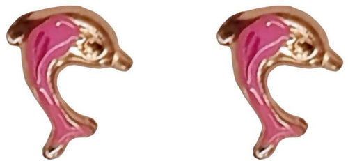 Orecchini delfino in Smalto Rosa e Oro portafortuna Comunione o Compleanno Bottoncini Oro giallo 18 Kt