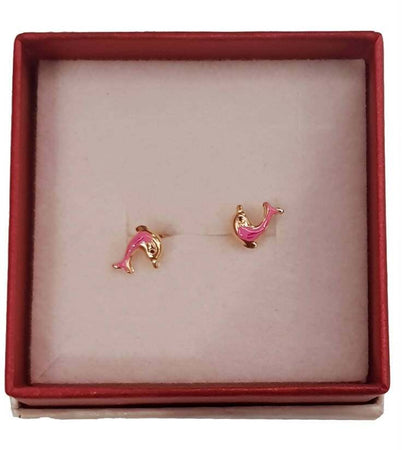 Orecchini delfino in Smalto Rosa e Oro portafortuna Comunione o Compleanno Bottoncini Oro giallo 18 Kt