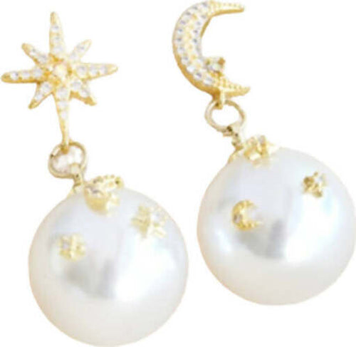 Orecchini Donna Ipoallergenici Con Simil Perla E Cristalli Di Zirconia Incastonati A Forma Di Luna E Stelle Con Chiusura A Farfalla 1,5x3,7 Cm In Argento Sterling, Ottone E Placcati Oro 14ct Moda/Donna/Gioielli/Orecchini MesmerizeD - Porto Sant’Elpidio, Commerciovirtuoso.it