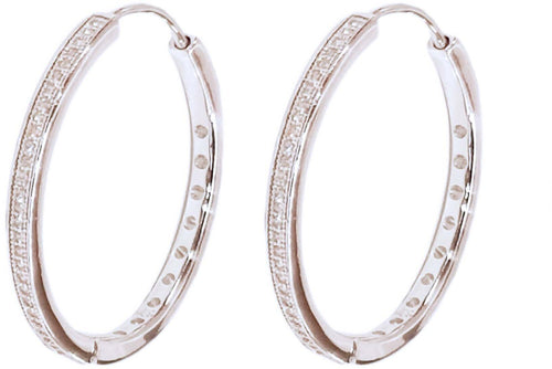 Orecchini Hoops Cerchi in Argento 925 millesimi con Zirconi Brillantini Incassati Orecchino Rotondo Cerchio Donna Diamentro 2.80cm