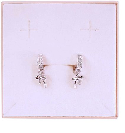 Orecchini in Argento 925 a Cerchio con Pendente Fiocco Brillantini Zirconi Ipoallergico e Rodiato Oro Bianco