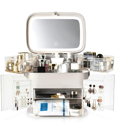 Organizer Beauty Case Porta Trucco Accessori Gioielli Con Specchio Led Cassetti