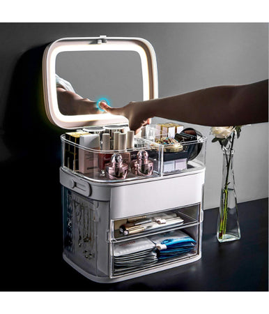 Organizer Beauty Case Porta Trucco Accessori Gioielli Con Specchio Led Cassetti