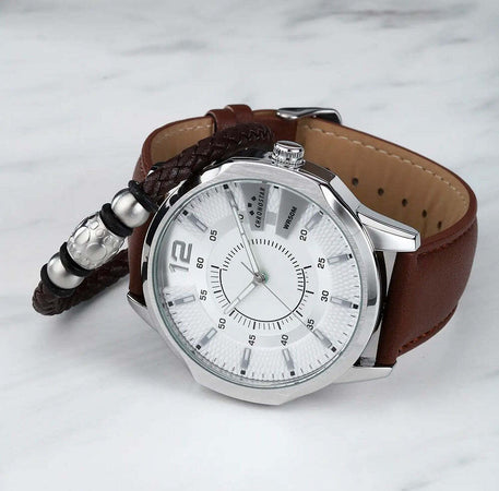 Orologio-CHRONOSTAR-uomo-Brave-tempo-pelle-marrone-+-bracciale