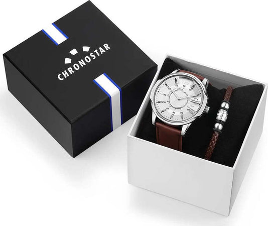 Orologio-CHRONOSTAR-uomo-Brave-tempo-pelle-marrone-+-bracciale