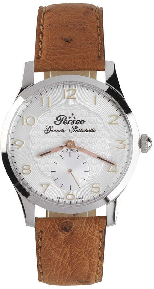 Orologio Da Polso Uomo Perseo Grande Settebello Carica Manuale Unitas 6376 Orologio Analogico Cassa in Acciaio E Quadrante Tondo Cinturino in Pelle Ansa Marrone