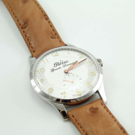 Orologio Da Polso Uomo Perseo Grande Settebello Carica Manuale Unitas 6376 Orologio Analogico Cassa in Acciaio E Quadrante Tondo Cinturino in Pelle Ansa Marrone