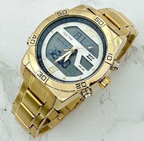 Orologio-Da-Polso-Zcc-Uomo-Acciaio-Dual-Time-Resistente-All'acqua-Dorato-Bianco