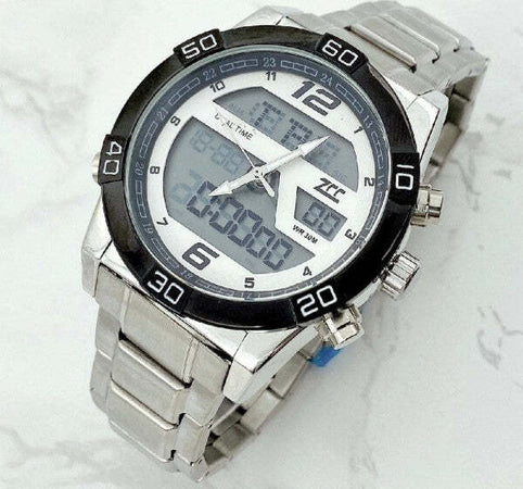 Orologio-Da-Polso-Zcc-Uomo-Acciaio-Dual-Time-Resistente-All'acqua-Wr-30m-Silver