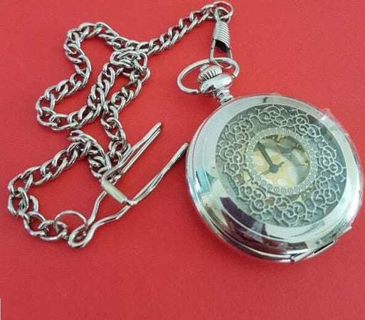 Orologio Da Tasca Taschino Quarzo Cipolla Catena Colore Argento