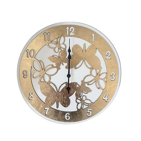 Orologio in fibra di legno con inserto decorato con foglia ora. Disponibile in due misure.