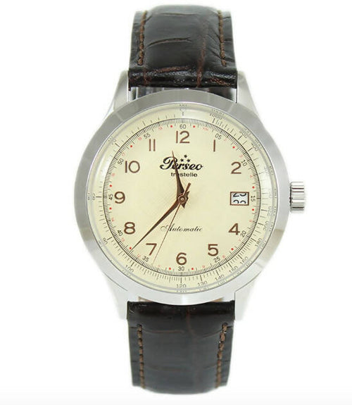 Orologio Perseo Trestelle Classico Cassa in Acciaio 43mm Con Fondello Inciso Quadrante Con Vetro Zaffiro E Movimento Seiko Orologio Con Cinturino in Pelle Marrone Impermeabile 50m