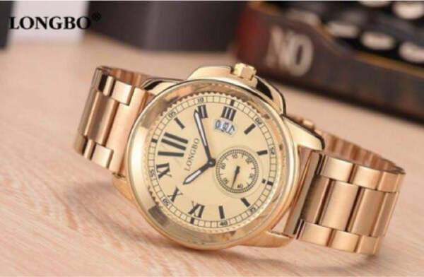 Orologio-Polso-Acciaio-Longbo-Uomo-Dorato-Analogico-Classico-Elegante-Waterproof