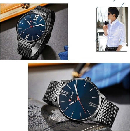 Orologio-Polso-Curren-8238-Uomo-Analogico-Quarzo-Maglia-Nero-Quad-Blu