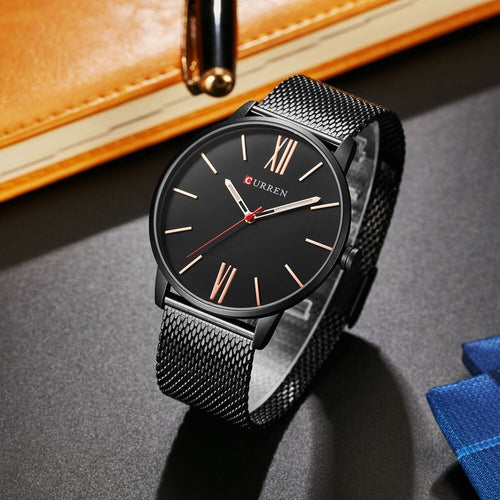 Orologio-Polso-Curren-8238-Uomo-Analogico-Quarzo-Maglia-Nero-Quad-Nero