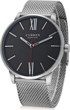 Orologio-Polso-Curren-8238-Uomo-Analogico-Quarzo-Maglia-Silver-Quad-Nero
