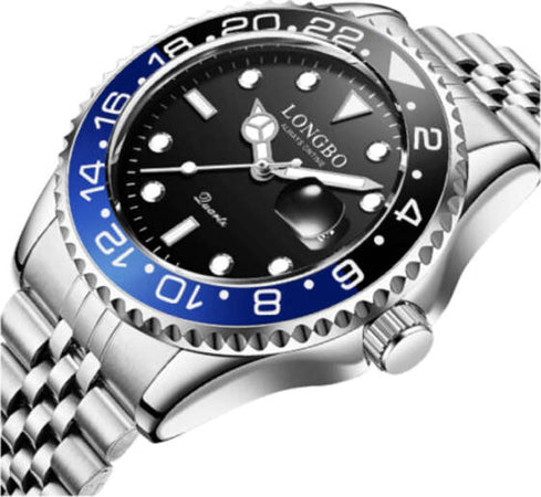 Orologio-Polso-Uomo-Acciaio-Quarzo-Silver-Blu-Nero-Nautica-Mare-Longbo-Subacqueo