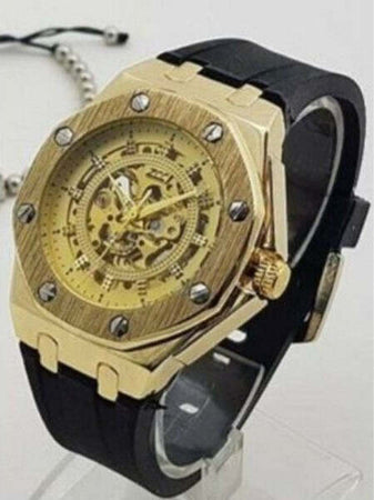 Orologio-Polso-Zcc-4407-Uomo-Automatico-Elegante-Casual-Dorato-Oro-Cinturino-Nero