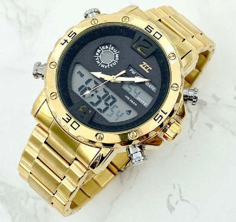 Orologio-Polso-Zcc-Uomo-Acciaio-Dual-Time-Data-Allarme-Impermeabile-Dorato-Nero