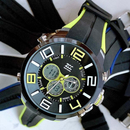Orologio-Polso-Zcc-Uomo-Analogico-Digitale-Dual-Time-Sveglia-Sport-Giallo-Nero
