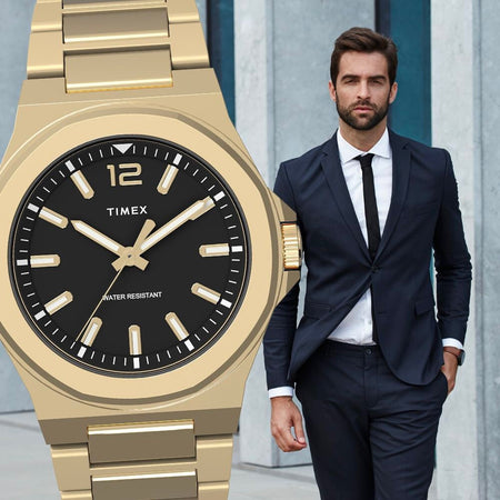Orologio-TIMEX-uomo-Essex-solo-tempo-acciaio-dorato-/-nero