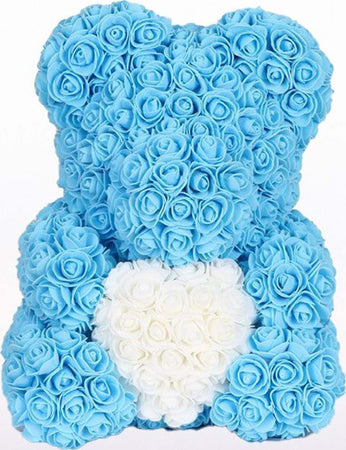 Orsacchiotto Orsetto Orso Di Rose Con Fiori Da 25cm Celeste Con