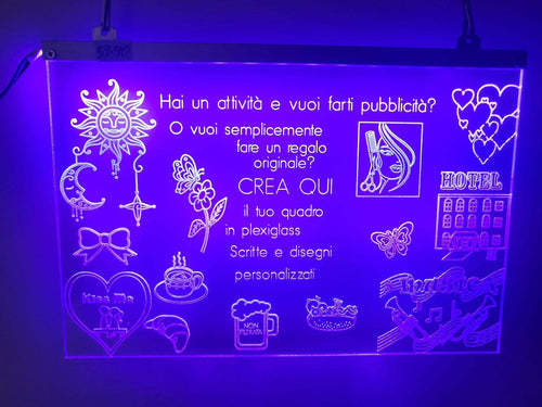 OUADRO IN PLEXIGLASS DA PERSONALIZZARE REGALO FESTA LOGO PUBBLICITA' AZIENDA LUCE LED RGB
