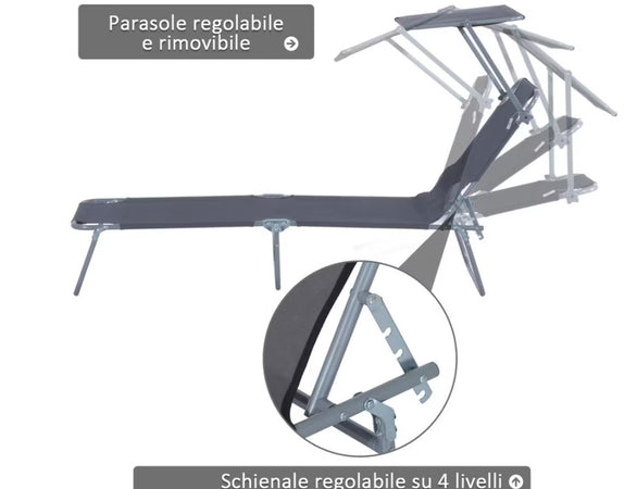 Outsunny Sdraio Pieghevole Reclinabile con Tettuccio Parasole In Tessuto Oxford, Grigio