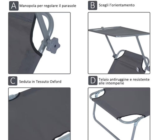 Outsunny Sdraio Pieghevole Reclinabile con Tettuccio Parasole In Tessuto Oxford, Grigio