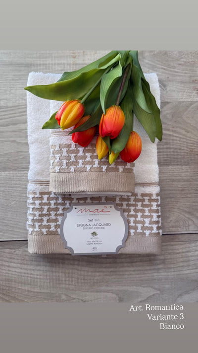 Set Asciugamani 1+1 Via Roma 60 Romantica – Spugna di Cotone Jacquard 420 gr/m²