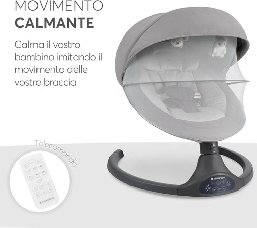 KIKKABOO Sdraietta Neonati Elettrica CODIE - Dondolo Elettrico per Neonati con Bluetooth, 5 Velocità, Schienale Regolabile, 10 Melodie, Fino a 9 kg, colore LIGHT GREY - GRIGIO CHIARO - con Telecomando - rilassante, calmante
