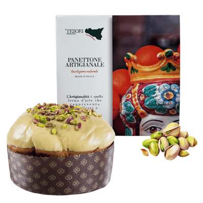 Tesori di sicilia panettone artigianale al pistacchio 1kg, scatola siciliana a donna elisabetta panettone a lievitazione naturale, idea regalo natale
