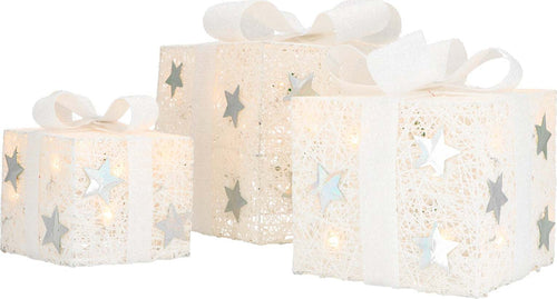 Pacchi regalo con led, nastri bianchi e stelle per decorazioni natalizie set da 3 Casa e cucina/Decorazioni per interni/Addobbi e decorazioni per ricorrenze/Decorazioni natalizie/Luci natalizie/Catene luminose per esterni MagiediNatale.it - Altamura, Commerciovirtuoso.it