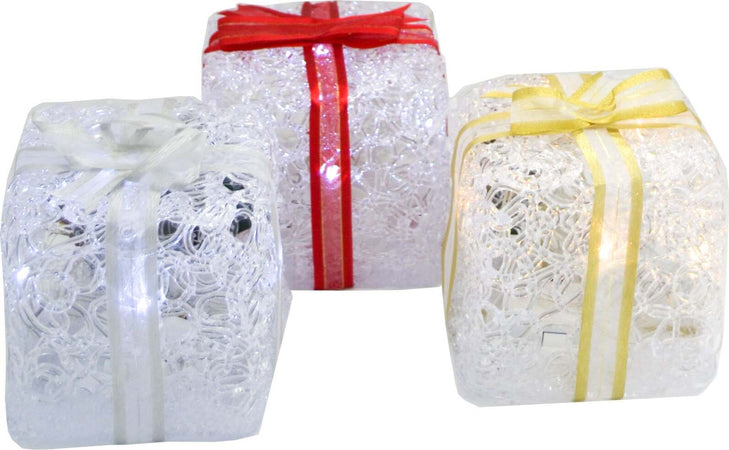 Pacchi regalo in resina luminoso color ghiaccio con nastrini colorati uso interno Casa e cucina/Decorazioni per interni/Addobbi e decorazioni per ricorrenze/Decorazioni natalizie/Luci natalizie/Catene luminose per esterni MagiediNatale.it - Altamura, Commerciovirtuoso.it
