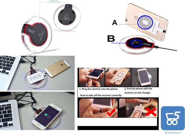 Pad di ricarica wireless + ricevitore compatibile con i Phone 8 7/7 Plus 6s / 6s Plus / 6/5 / 5s / 5c, Galaxy Galaxy S7 / S7 Edge, S8 / S8 Plus, S6 / S6 Edge Plus/S6 Edge
