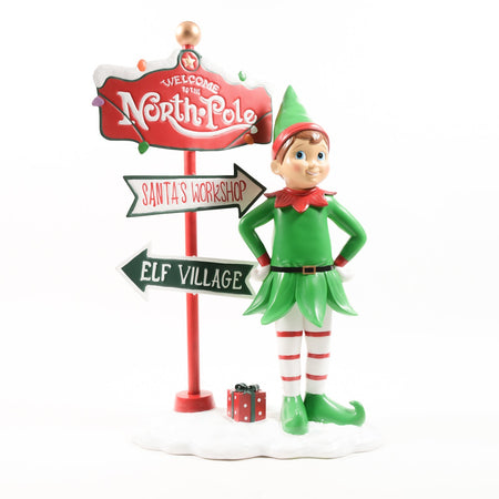 Statuetta con folletto e cartello stradale natalizio in resina decorazione natalizia