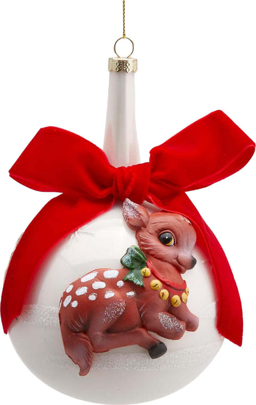 Pallina per albero di Natale in vetro con Bamby e fiocco bianco da 10 cm Casa e cucina/Decorazioni per interni/Addobbi e decorazioni per ricorrenze/Decorazioni natalizie/Addobbi e decorazioni/Palle e palline MagiediNatale.it - Altamura, Commerciovirtuoso.it