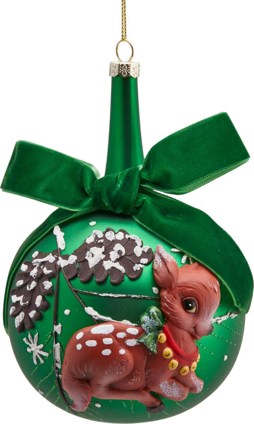 Pallina per albero di Natale in vetro con Bamby e fiocco verde da 10 cm Casa e cucina/Decorazioni per interni/Addobbi e decorazioni per ricorrenze/Decorazioni natalizie/Addobbi e decorazioni/Palle e palline MagiediNatale.it - Altamura, Commerciovirtuoso.it