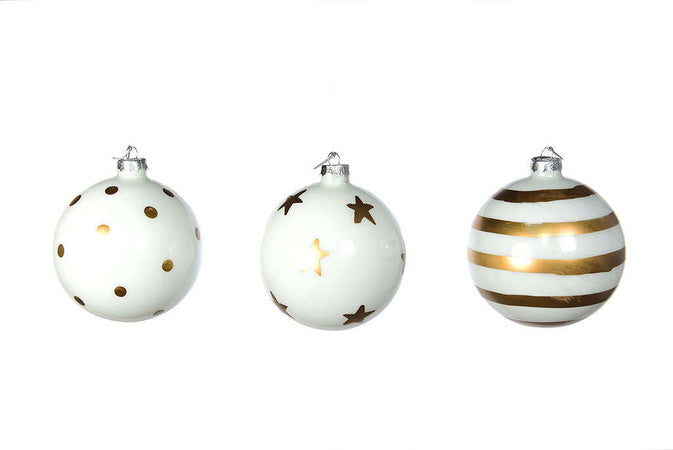Pallina per albero di Natale in vetro decorate Bianco e Oro da 10 cm, confezione da 6 pezzi Casa e cucina/Decorazioni per interni/Addobbi e decorazioni per ricorrenze/Decorazioni natalizie/Addobbi e decorazioni/Palle e palline MagiediNatale.it - Altamura, Commerciovirtuoso.it