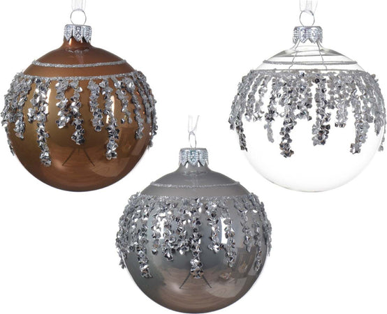 Palline per albero di Natale in vetro decorato argento, marrone e trasparente da Ø 8 cm, confezione da 12 pezzi Casa e cucina/Decorazioni per interni/Addobbi e decorazioni per ricorrenze/Decorazioni natalizie/Addobbi e decorazioni/Palle e palline MagiediNatale.it - Altamura, Commerciovirtuoso.it