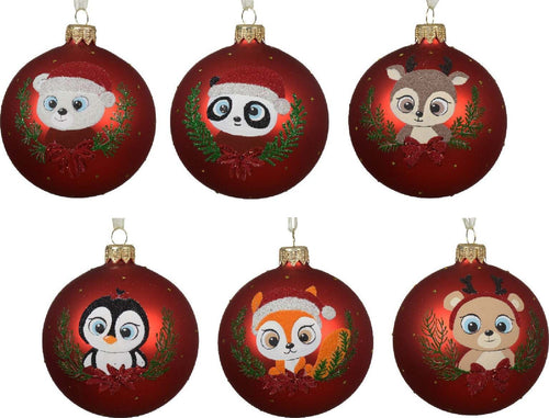 Palline-per-albero-di-Natale-in-vetro-decorato-rosso-con-animali-da-Ø-8-cm,-6-pezzi
