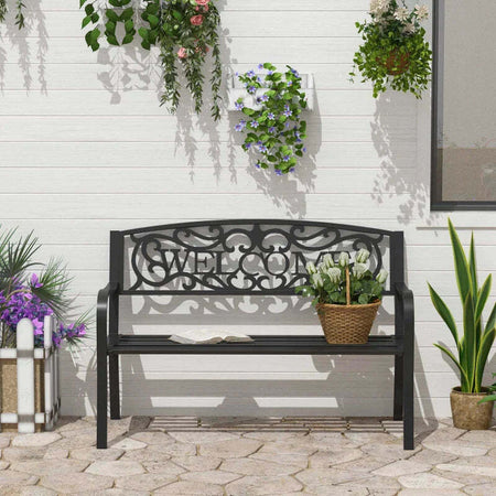 Panca-da-Giardino-2-Posti-in-Metallo-Nero,-Design-Vintage,-127-x-60-x-87cm-840-037