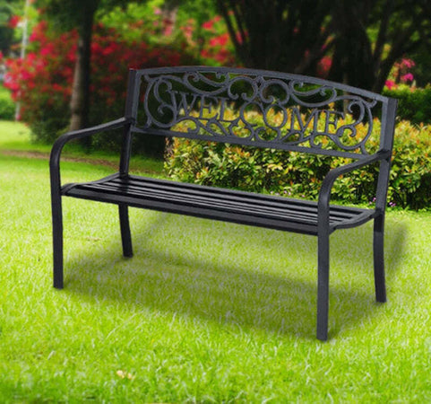 Panca-da-Giardino-2-Posti-in-Metallo-Nero,-Design-Vintage,-127-x-60-x-87cm-840-037
