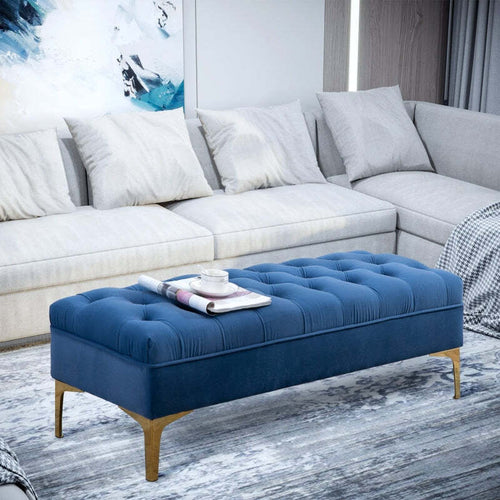Panca-Imbottita-Fondo-letto--ingresso-camera-da-letto-elegante-grande-pouf-tessuto-Vellutato-per-negozio-e-Base-in-Metallo-Dorato,-118x45x42-cm,-Blu-F831-163V01A