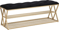 Panca-in-velluto-struttura-in-metallo-con-porta-scarpe-color-oro-per-interni