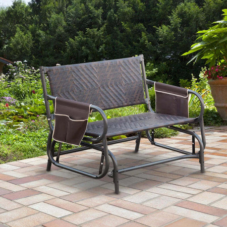 Panchina-a-Dondolo-da-Giardino-2-Posti-in-Rattan-e-Acciaio-con-Tasche-Laterali,-122x75x88cm-Marrone-e-Nero-867-076