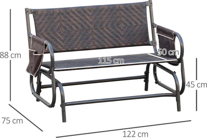 Panchina-a-Dondolo-da-Giardino-2-Posti-in-Rattan-e-Acciaio-con-Tasche-Laterali,-122x75x88cm-Marrone-e-Nero-867-076