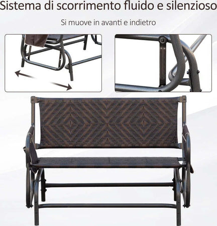 Panchina-a-Dondolo-da-Giardino-2-Posti-in-Rattan-e-Acciaio-con-Tasche-Laterali,-122x75x88cm-Marrone-e-Nero-867-076