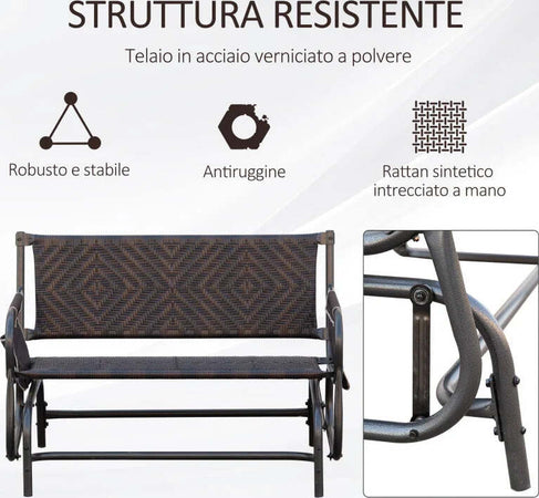 Panchina-a-Dondolo-da-Giardino-2-Posti-in-Rattan-e-Acciaio-con-Tasche-Laterali,-122x75x88cm-Marrone-e-Nero-867-076